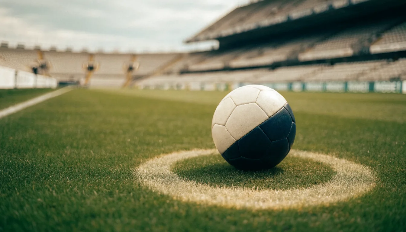 Ein Fußball liegt auf dem Anstoßpunkt eines leeren Rasenplatzes, im Hintergrund eine ruhige Tribüne unter bedecktem Himmel.