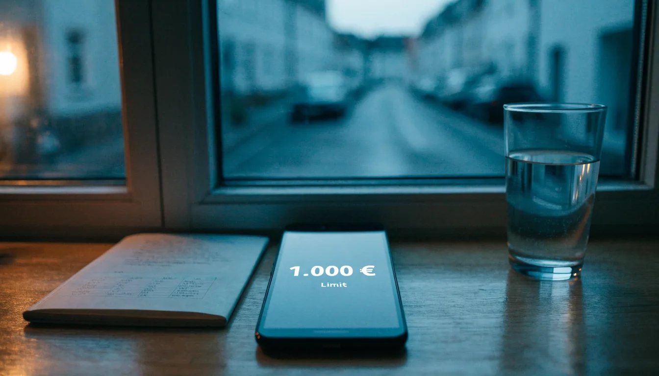 Die Silhouette einer Person sitzt am Abend am Fenster und blickt auf eine Straße, auf dem Fensterbrett steht ein Glas Wasser.