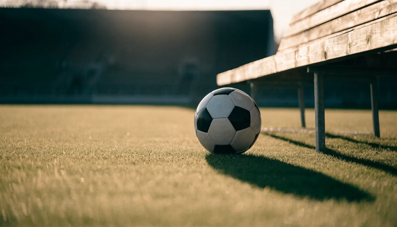 Ein Fußball auf einem Rasenplatz im Gegenlicht der tiefstehenden Sonne, am Spielfeldrand eine leere Ersatzbank.