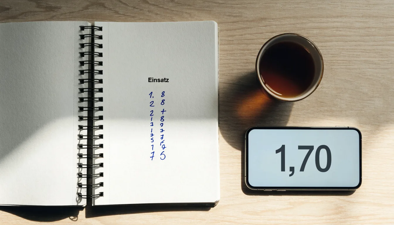 Ein Notizbuch mit handgeschriebenen Rechnungen und ein Taschenrechner auf einem hellen Schreibtisch neben einer Tasse Tee.