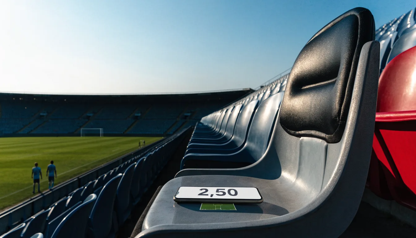 Ein leeres Fußballstadion bei Tageslicht von der Tribüne aus gesehen, der Rasen zeigt gleichmäßige Mähstreifen.