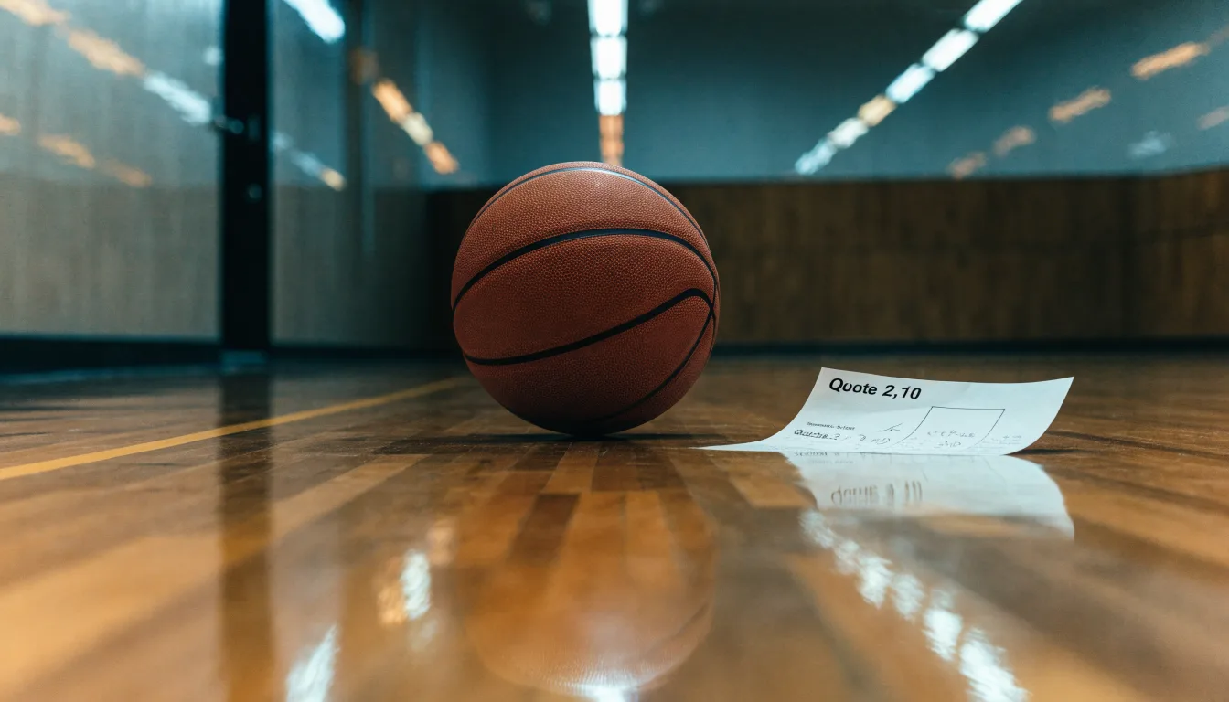 Ein Basketballfeld in einer leeren Halle, das Parkett spiegelt das Licht der Deckenlampen.