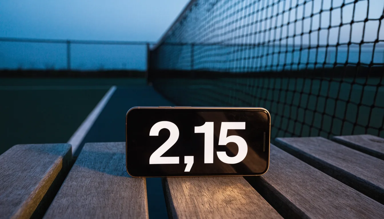 Ein Tennisplatz in der Dämmerung, Netz und Linien im Zwielicht, ohne Menschen und mit ruhigem Himmel.