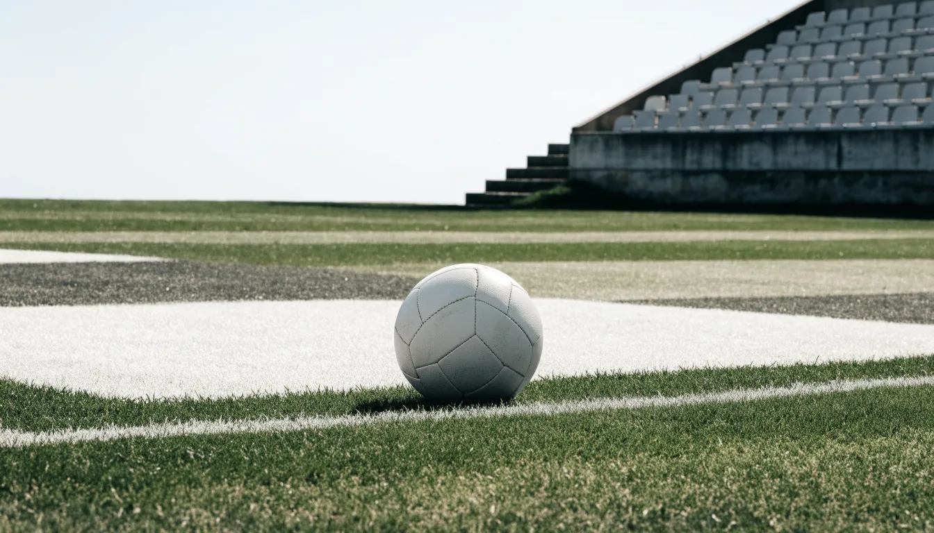 Ein Fußball liegt am Spielfeldrand eines Rasenplatzes, im Hintergrund eine leere Tribüne unter hellem Himmel.
