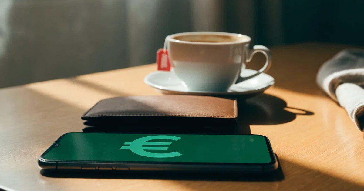 Ein Smartphone mit dunklem Bildschirm liegt auf einem Holztisch neben einem Portemonnaie und einer Kaffeetasse im Fensterlicht.