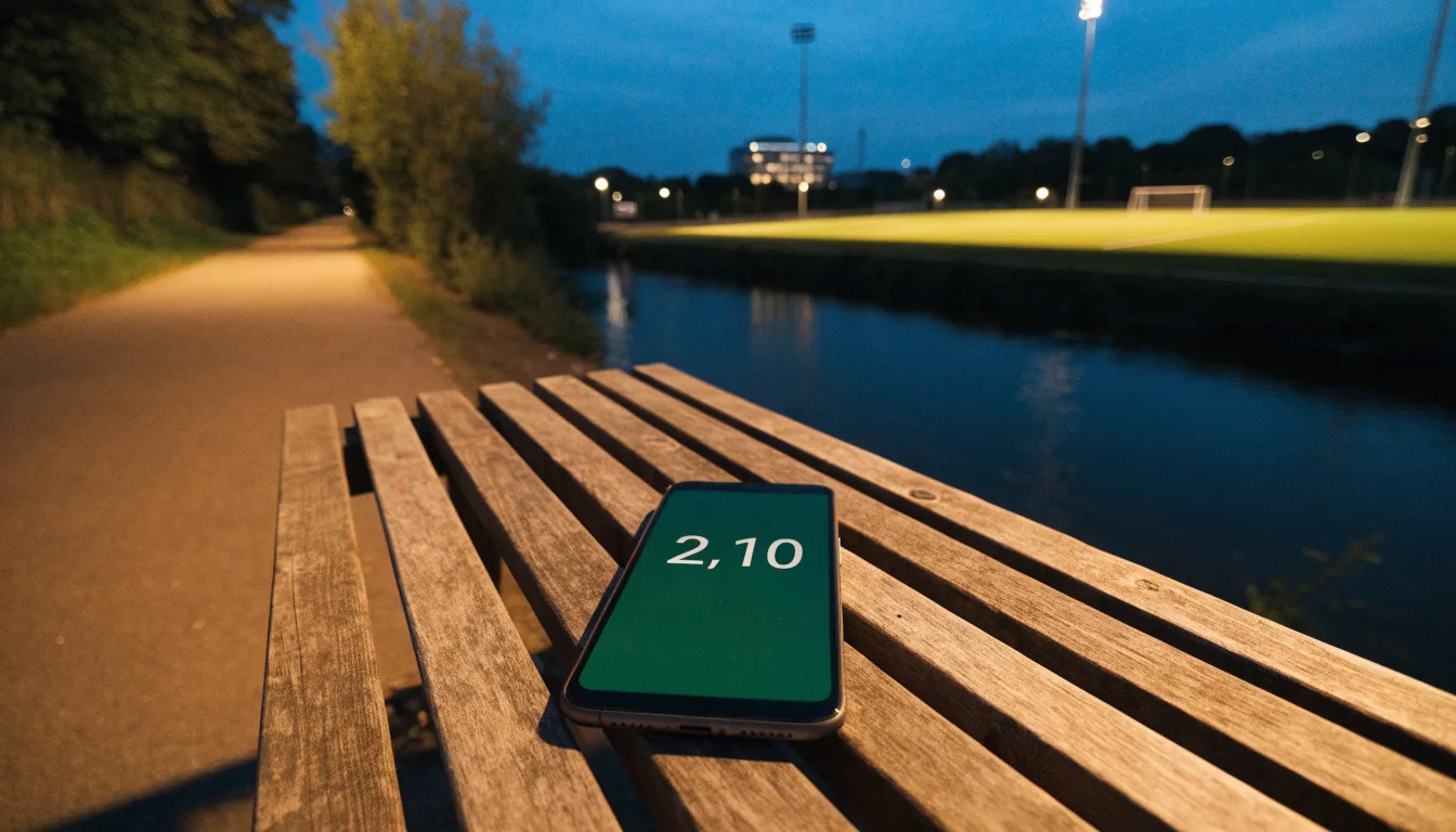 Ein Stadion unter Flutlicht aus der Ferne gesehen, im Vordergrund ein ruhiger Fluss und ein Fußweg.