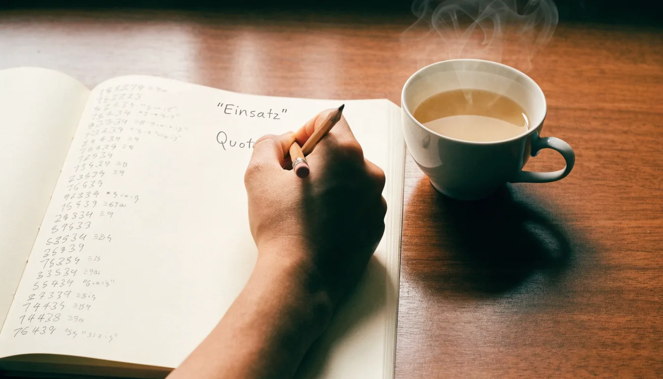 Ein Notizbuch mit handgeschriebenen Rechnungen und ein Taschenrechner auf einem Schreibtisch neben einer Teetasse.
