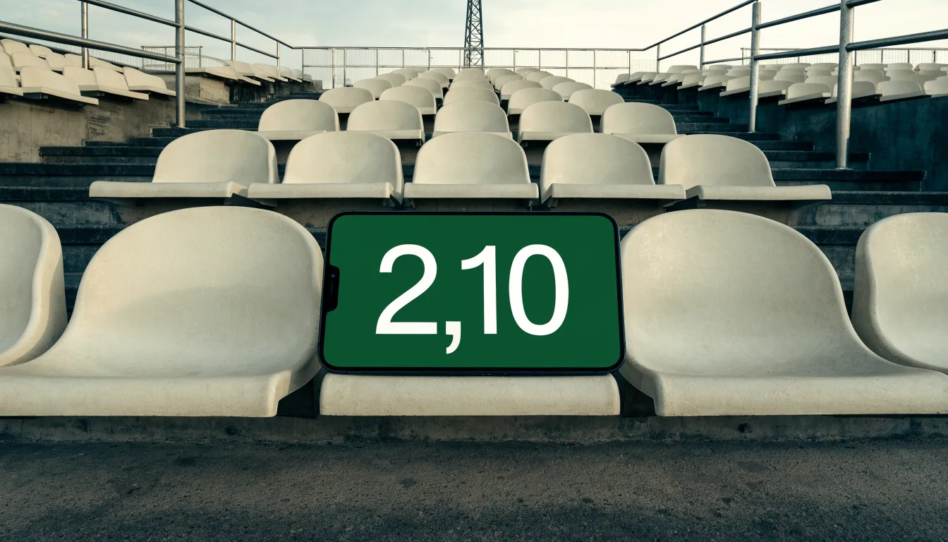 Eine leere Tribüne eines Fußballstadions bei Tageslicht, Sitzschalen in Reihen und dahinter ein Flutlichtmast.