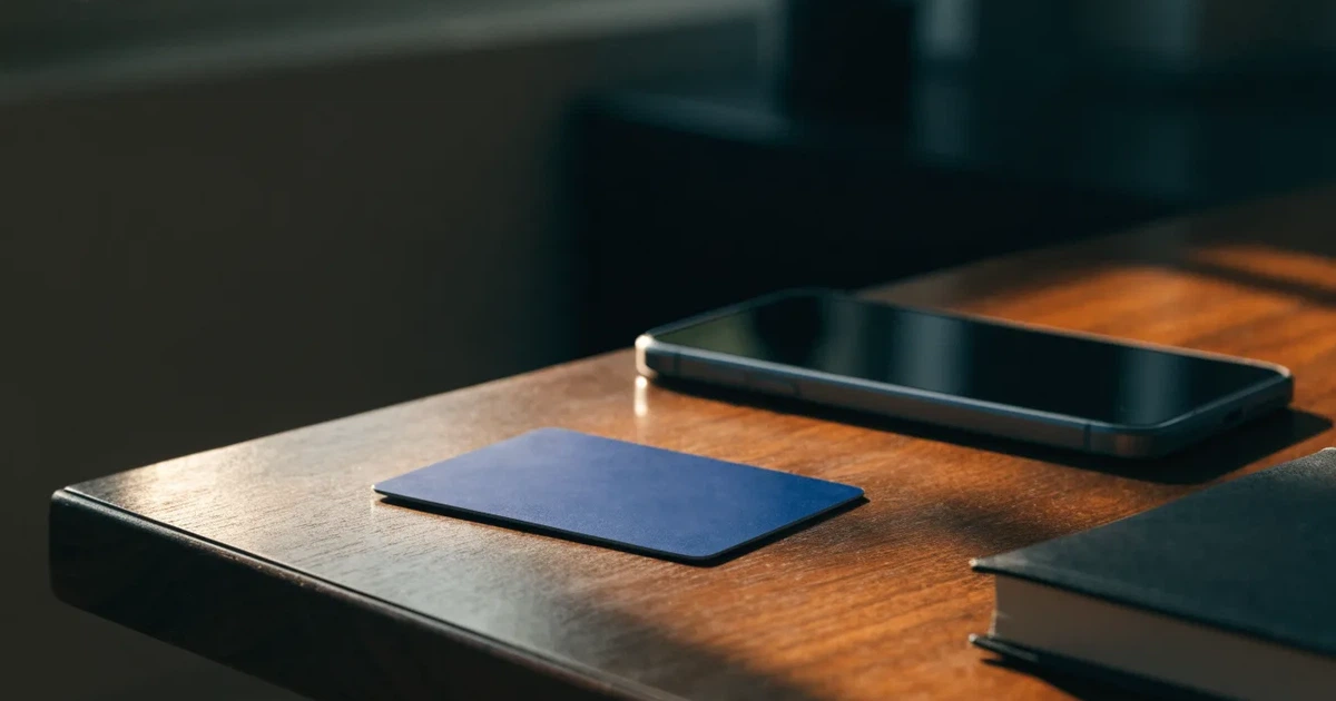Eine Plastikkarte ohne Aufdruck liegt auf einem Holztisch neben einem Smartphone mit dunklem Bildschirm und einem Notizbuch.