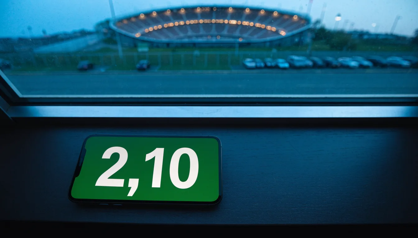 Ein Stadion unter Flutlicht aus der Ferne gesehen, davor ein leerer Parkplatz in der Dämmerung.
