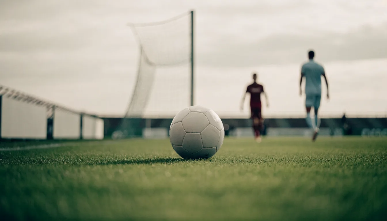 Ein Fußball auf einem Rasen, im Hintergrund ein leeres Stadion bei bewölktem Himmel.