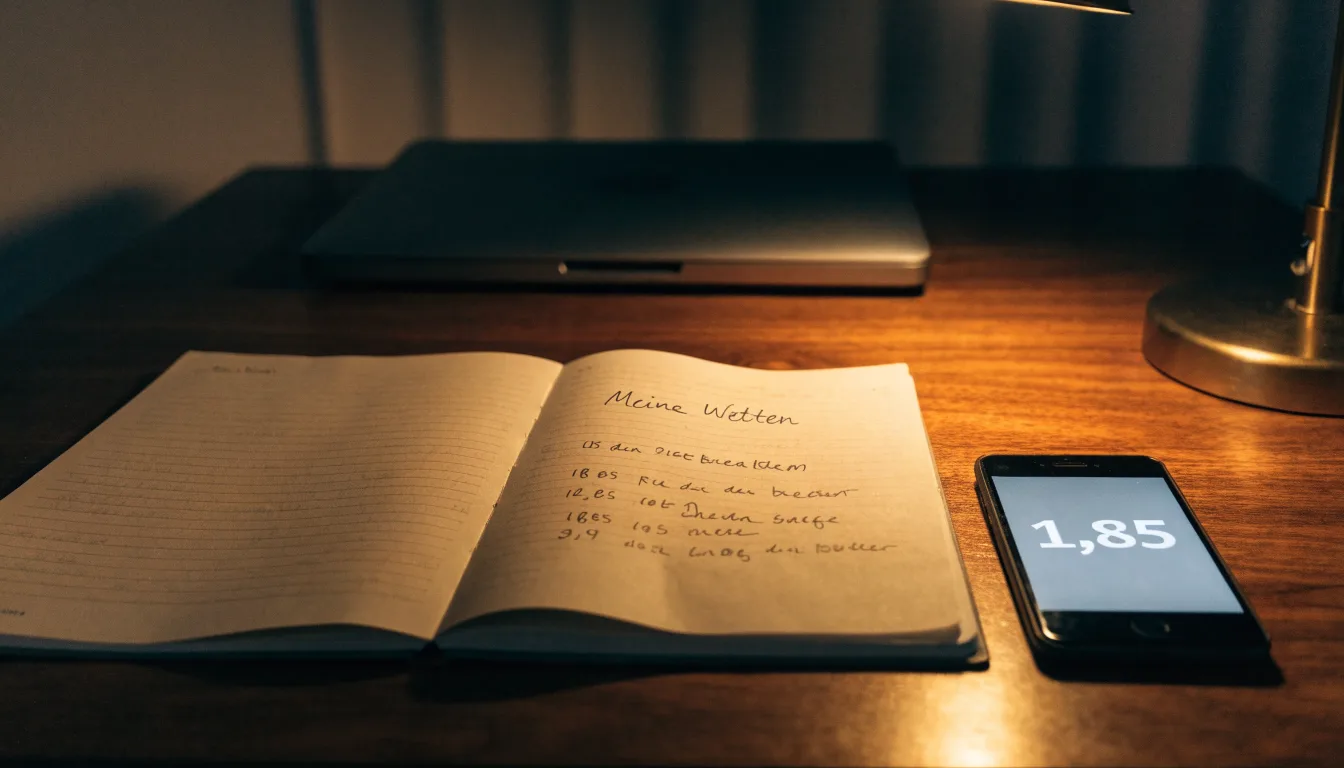 Ein Schreibtisch mit Lampe und geschlossenem Laptop in einem ruhigen Büro bei Abendlicht.