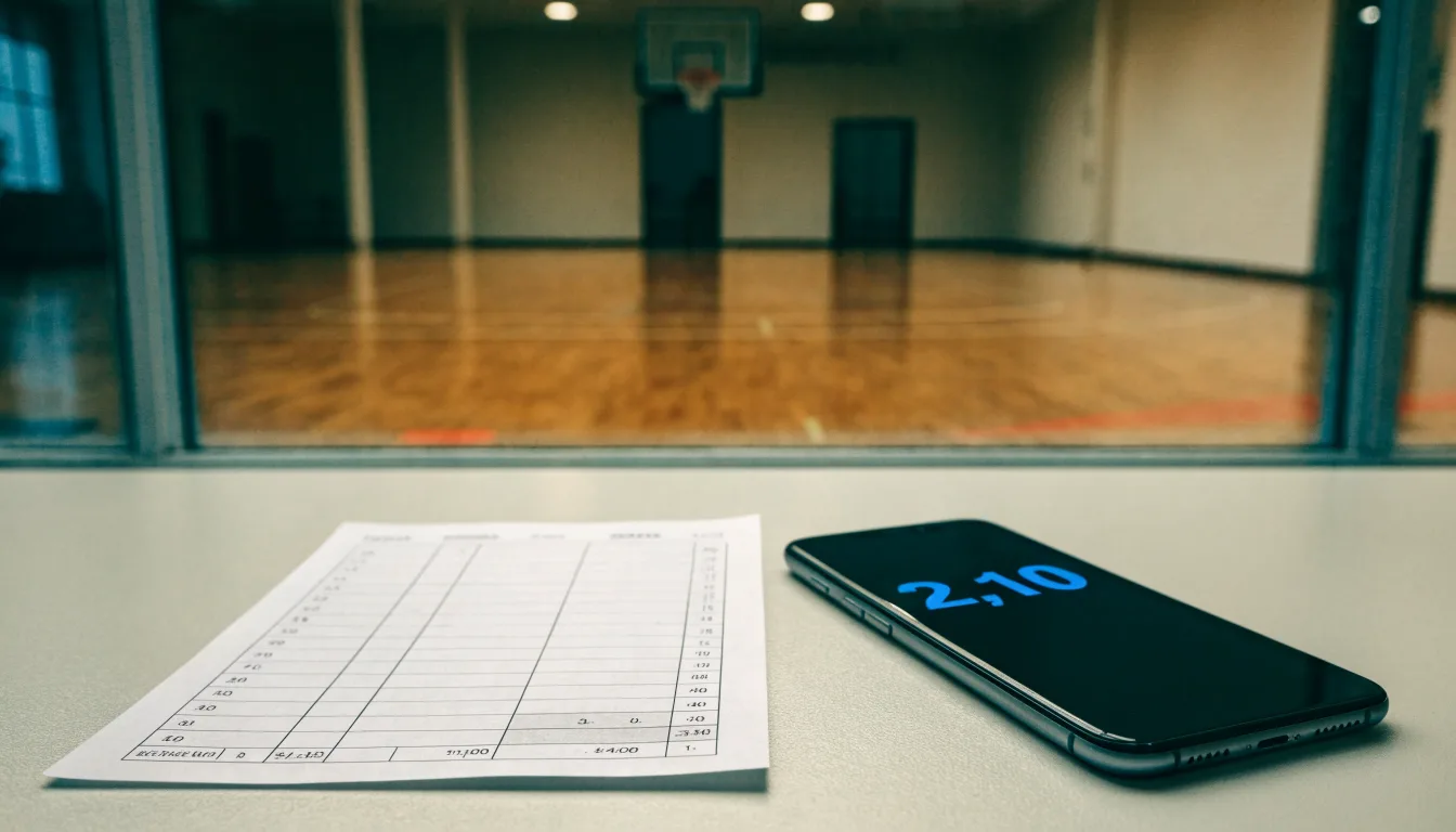 Ein Basketballfeld in einer leeren Halle, das Parkett spiegelt das Deckenlicht.