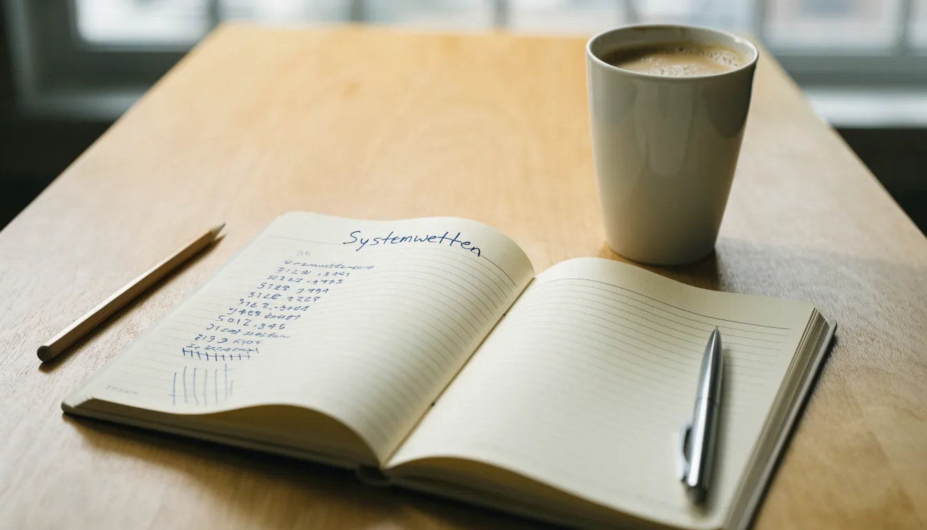 Ein aufgeschlagenes leeres Notizbuch mit Kugelschreiber neben einer Tasse Kaffee auf einem Tisch am Fenster.