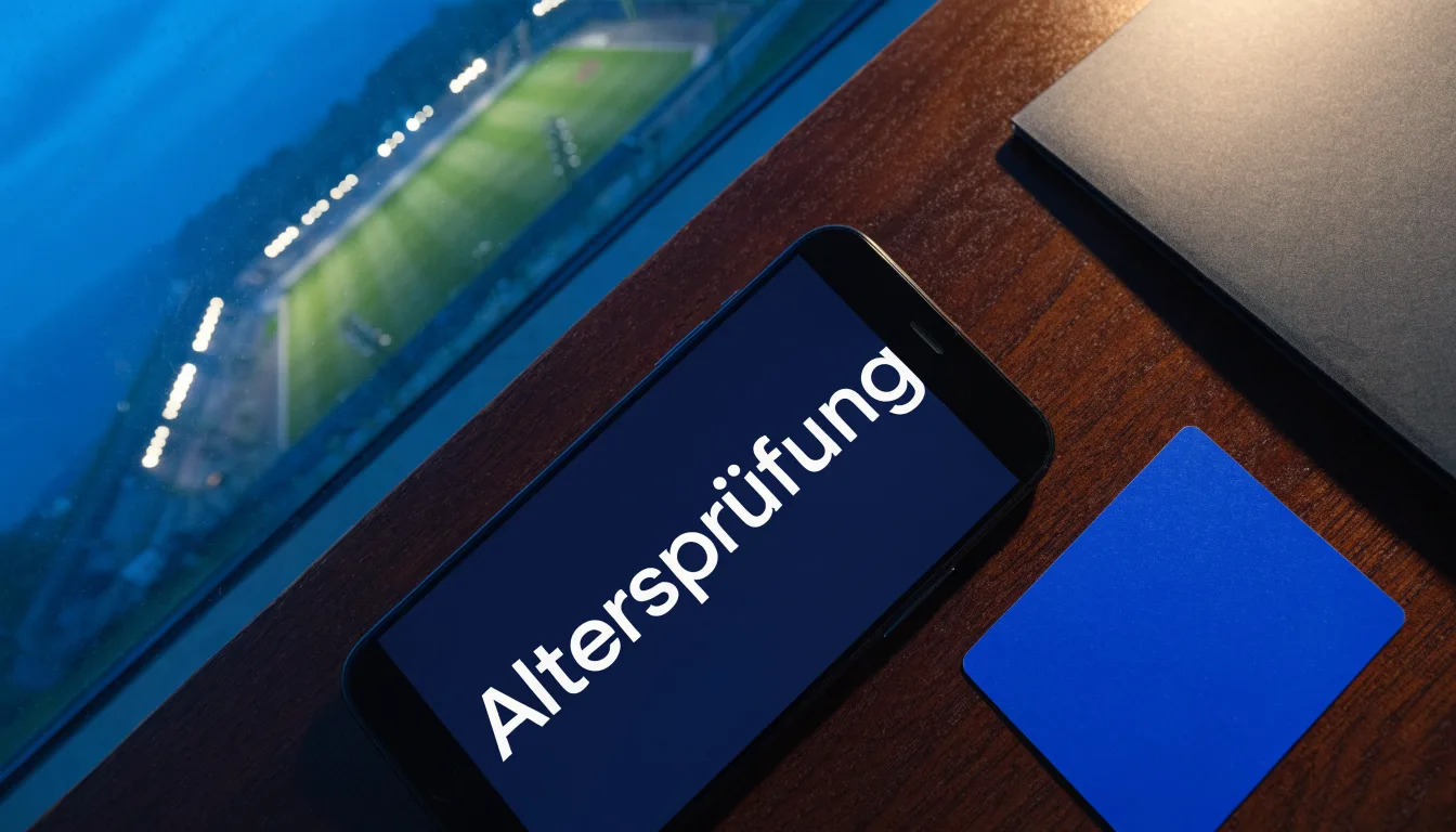 Ein Stadion unter Flutlicht aus der Ferne gesehen, im Vordergrund ein leeres Feld in der Dämmerung.