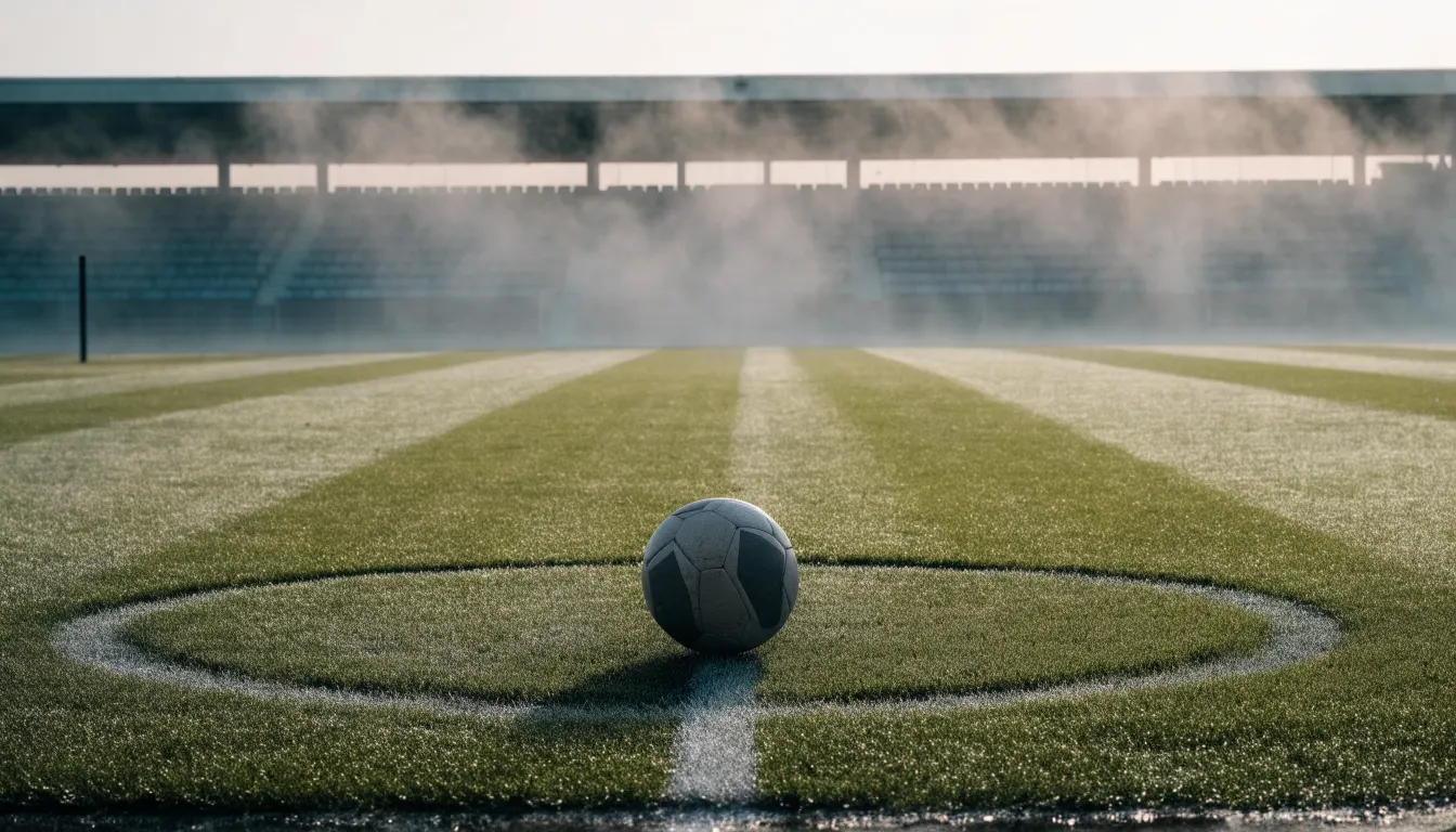 Ein Fußball liegt auf dem Anstoßpunkt eines leeren Rasenplatzes, im Hintergrund hängt Morgendunst über den Tribünen.