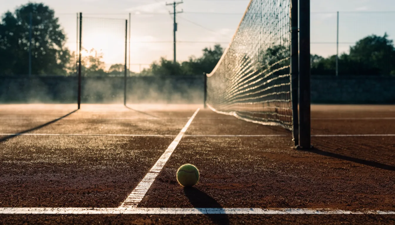 Ein Tennisplatz bei Sonnenaufgang, die Linien noch taufeucht, ein einzelner Ball liegt an der Grundlinie.