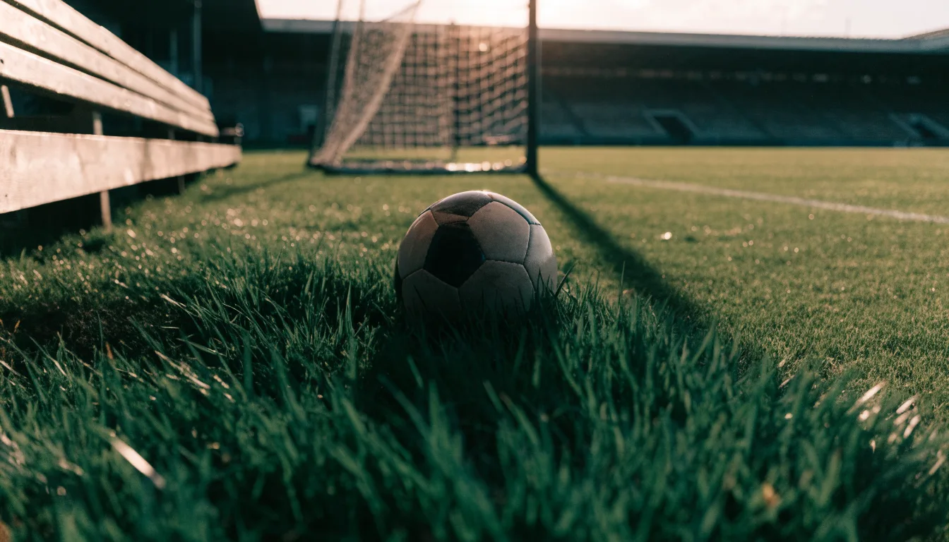 Ein Fußball liegt im Gras am Spielfeldrand, dahinter eine leere Bank und ein Tor im Gegenlicht.