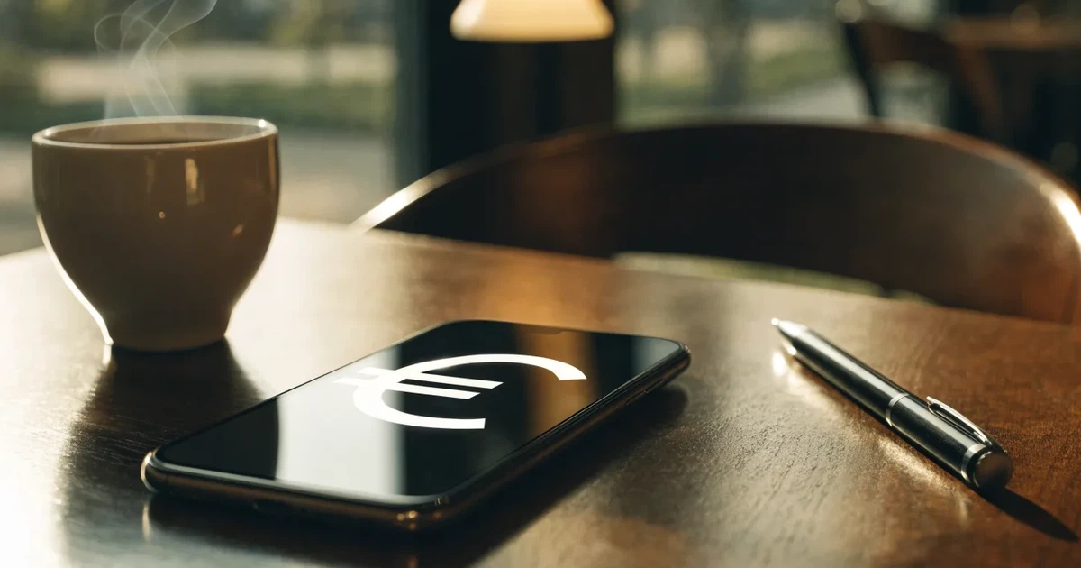 Ein Smartphone liegt mit dunklem Display auf einem Café-Tisch neben einer Tasse Kaffee und einem Kugelschreiber.