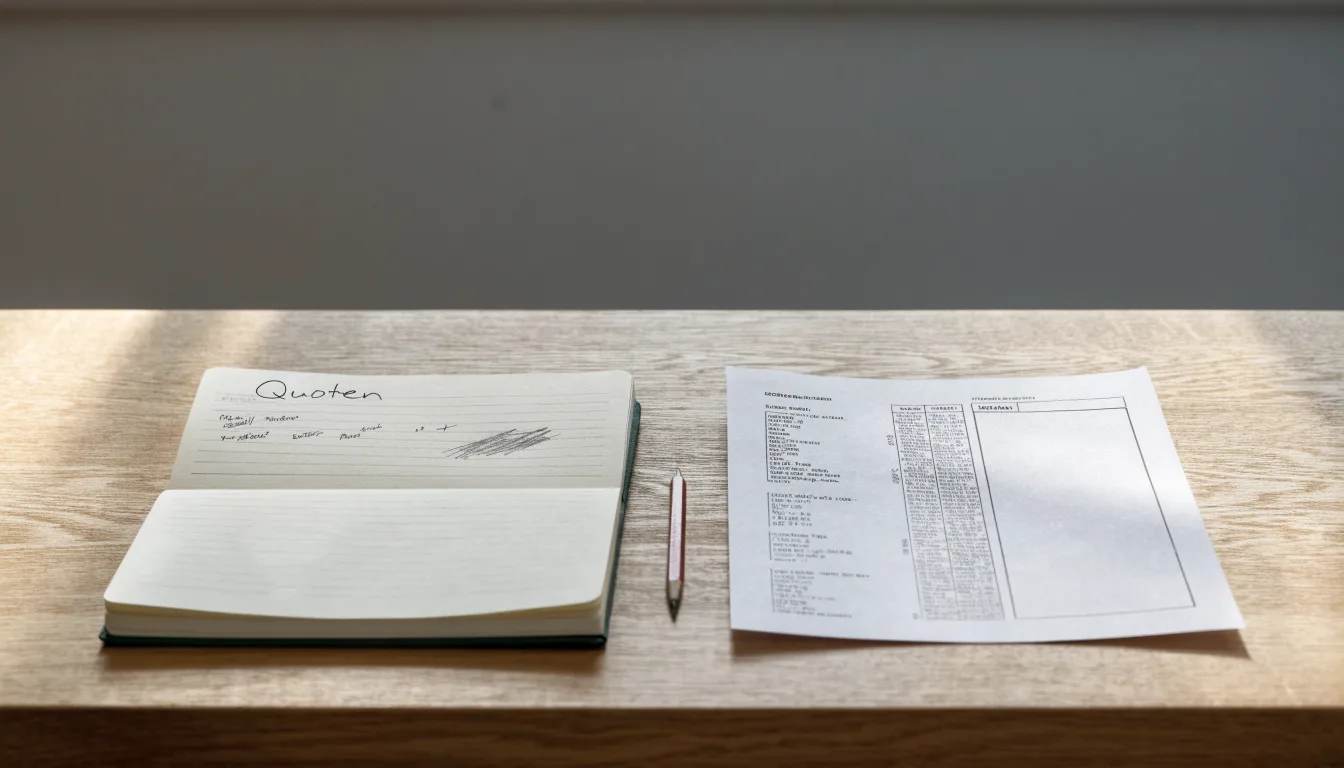 Ein Notizbuch mit handschriftlichen Notizen liegt aufgeschlagen neben einem leeren Papier-Wettschein auf einem Holztisch.