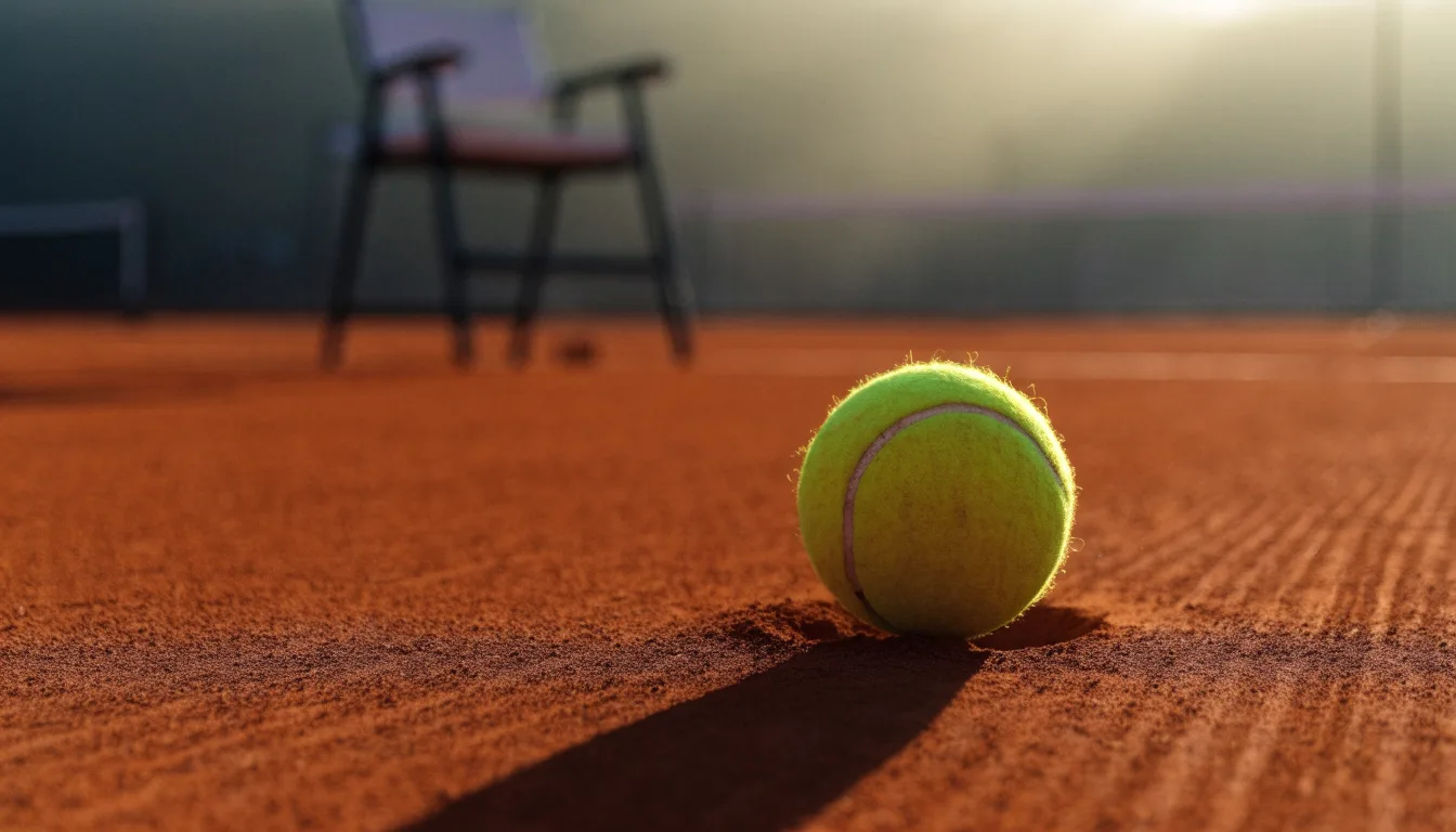 Ein Tennisball liegt auf einem roten Sandplatz bei Sonnenaufgang, im Hintergrund ein leerer Schiedsrichterstuhl.