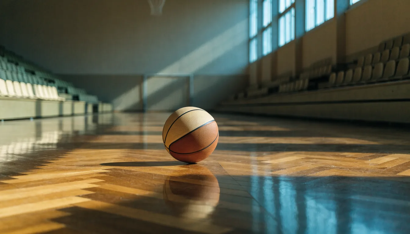 Ein Basketball liegt auf dem Parkett einer leeren Halle, Licht fällt durch hohe Fenster.