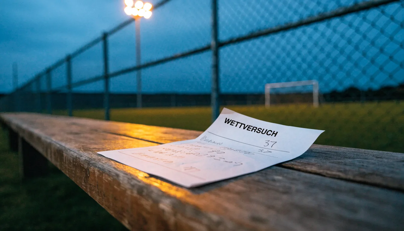 Eine Flutlichtanlage über einem leeren Sportplatz am Abend, im Vordergrund ein Maschendrahtzaun.