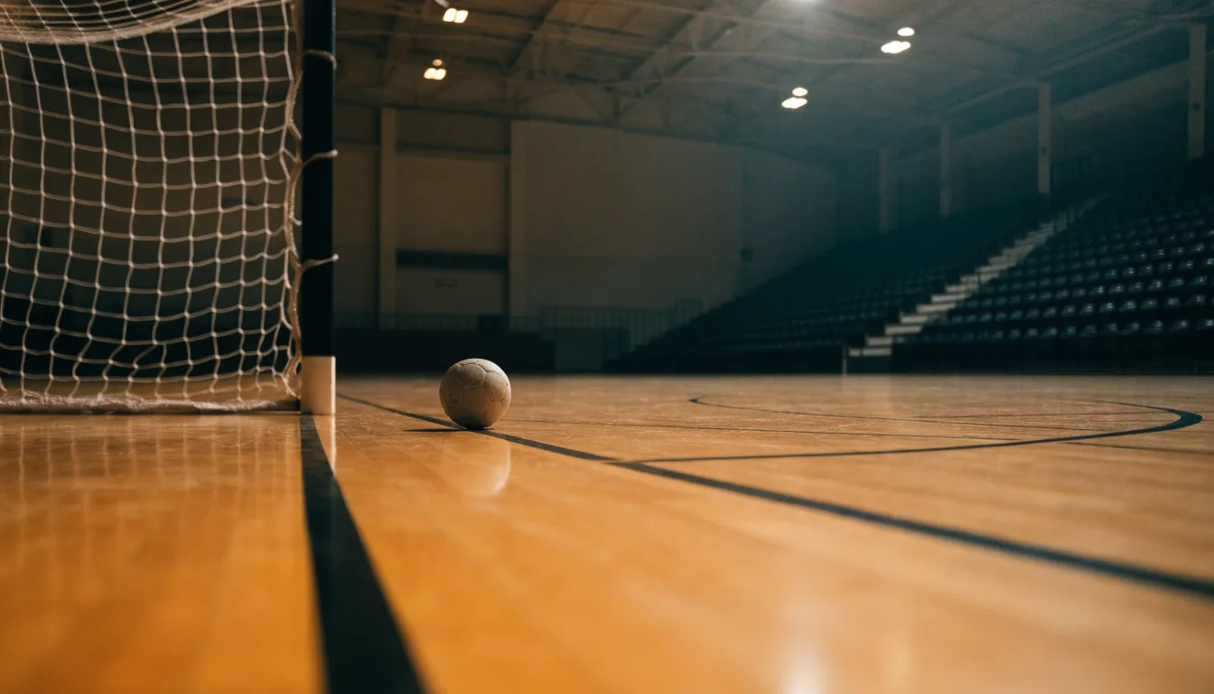 Ein Handball liegt in einer leeren Halle auf dem Boden vor dem Tor.