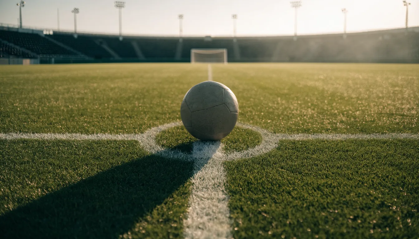 Ein Fußball liegt auf dem Anstoßkreis eines leeren Rasenplatzes im frühen Morgenlicht.