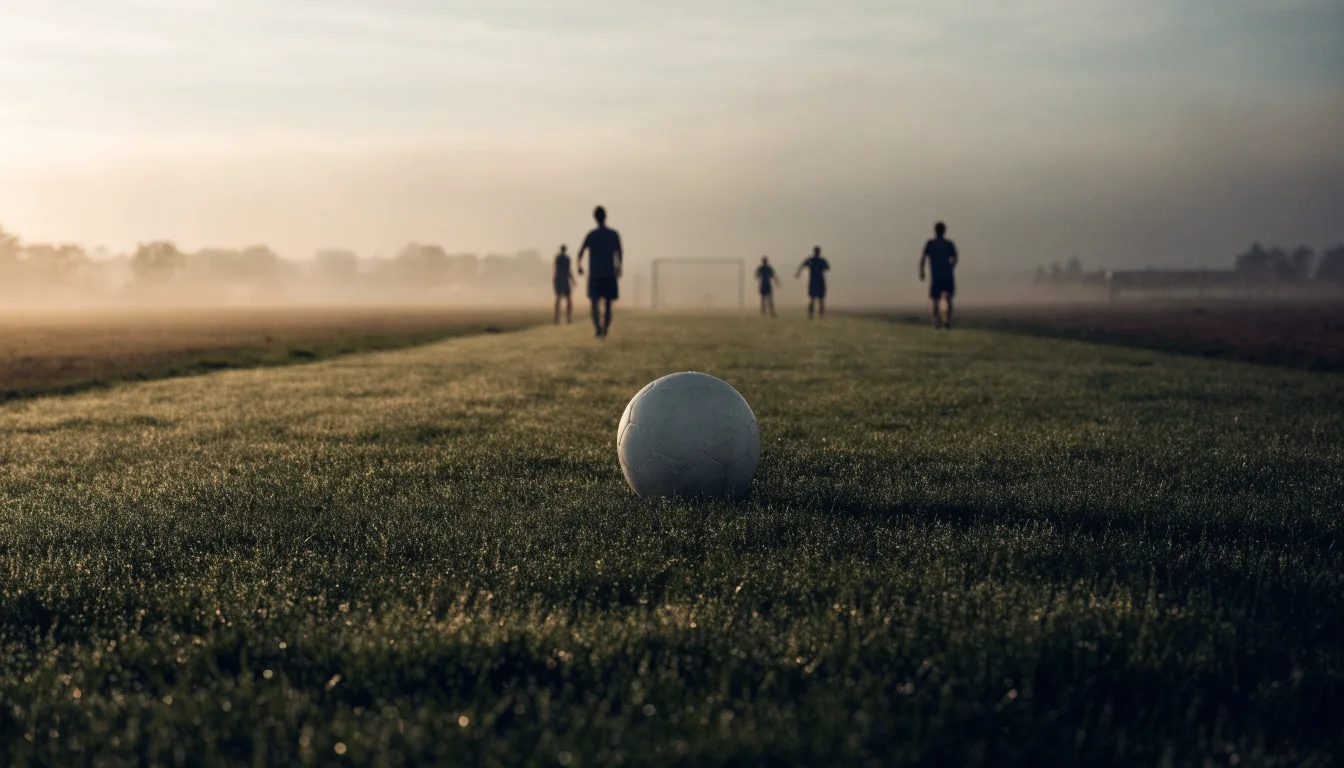 Ein Fußball auf dem Rasen vor einem leeren Tor im frühen Morgenlicht.