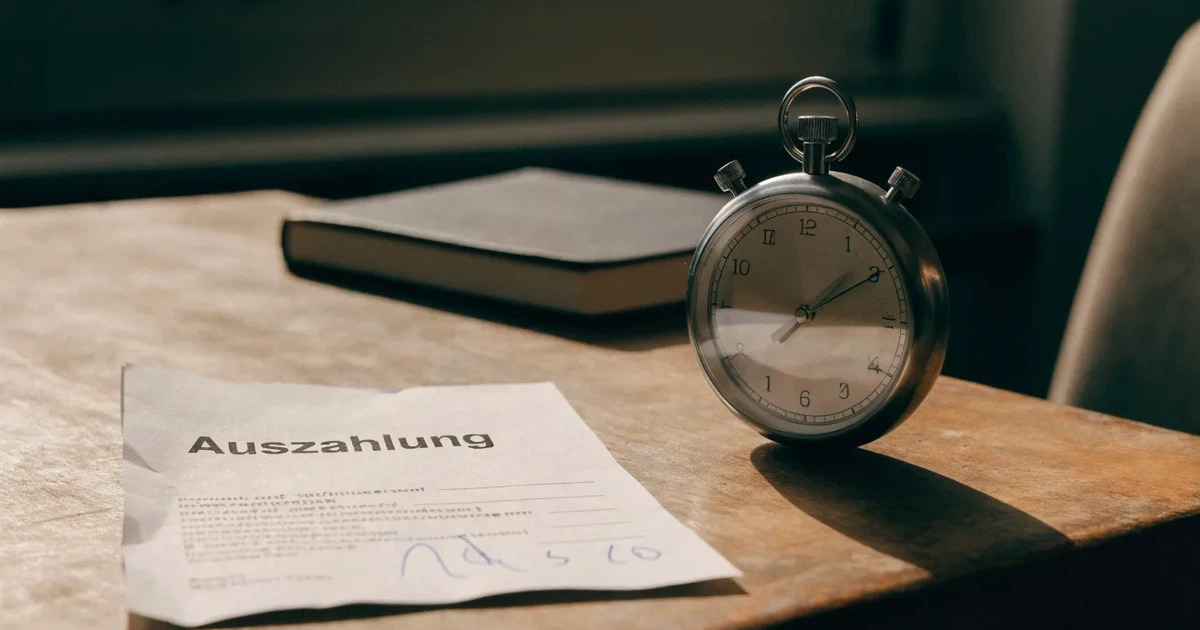 Eine Stoppuhr liegt neben Münzen und einem Notizbuch auf einem Holztisch, Tageslicht fällt von der Seite ein.