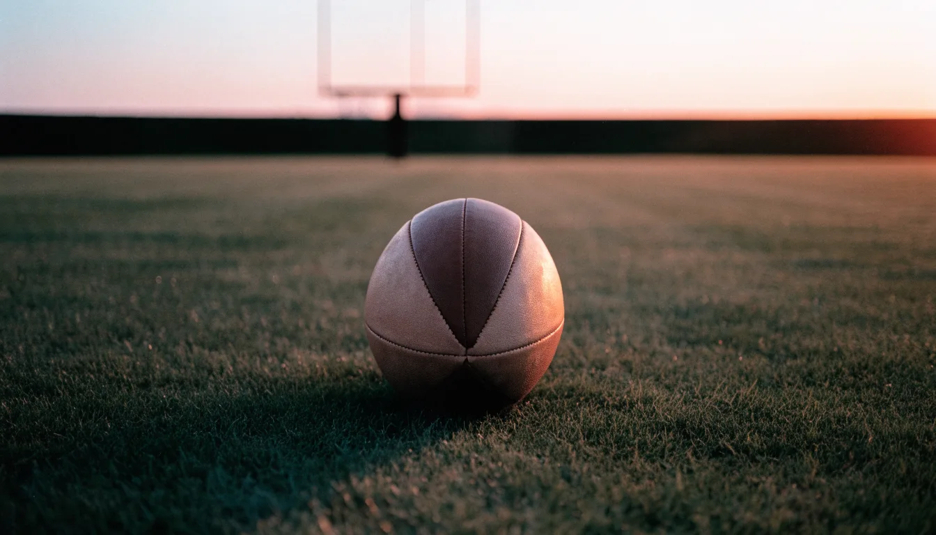 Ein Fußball liegt in der Mitte eines leeren Rasenplatzes, am Horizont färbt sich der Himmel orange.