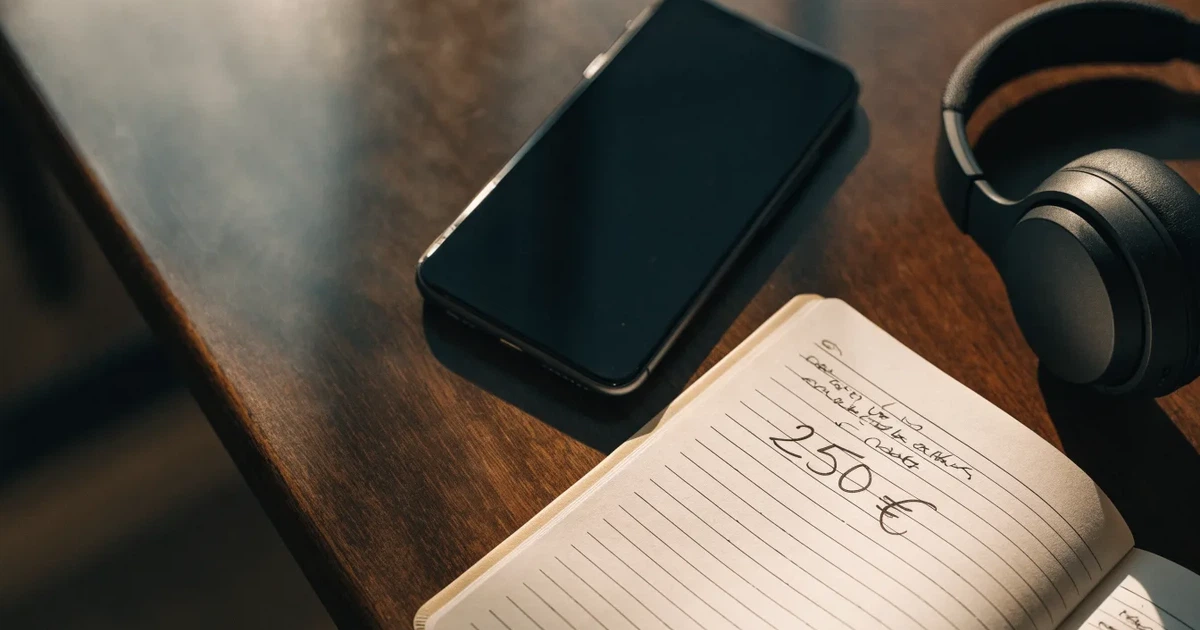 Ein Smartphone mit schwarzem Display liegt neben Kopfhörern auf einem Schreibtisch, daneben ein aufgeschlagenes Notizbuch.