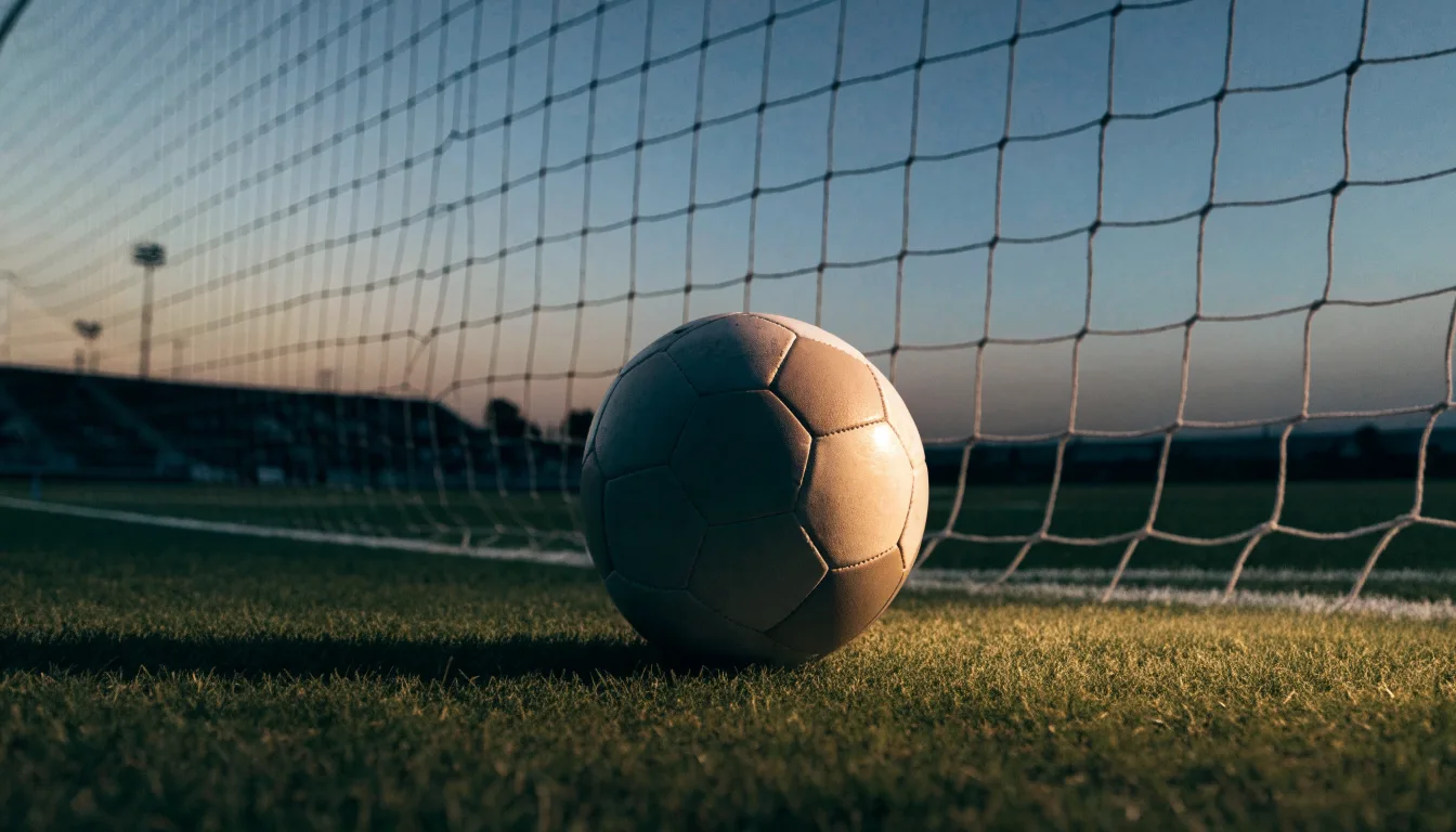 Ein Fußball liegt im Strafraum eines leeren Platzes, dahinter die Netze des Tores im Abendlicht.