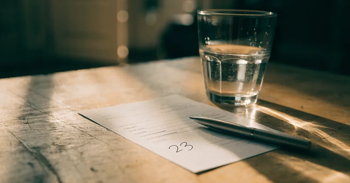 Ein leerer Papier-Wettschein liegt zusammen mit einem Kugelschreiber auf einem Tisch, daneben ein Glas Wasser.