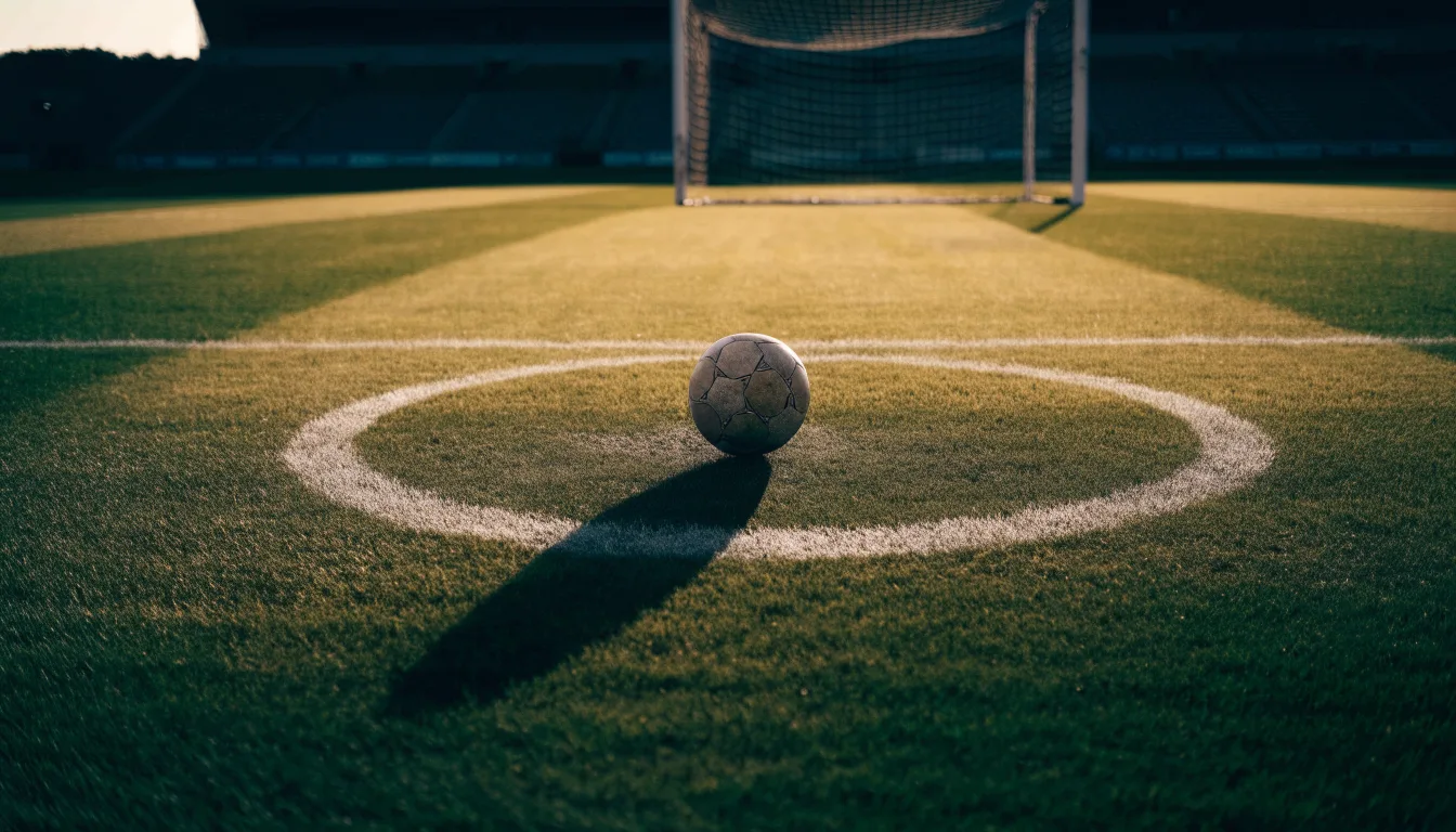Ein Fußball liegt auf dem Elfmeterpunkt eines leeren Platzes im Abendlicht.