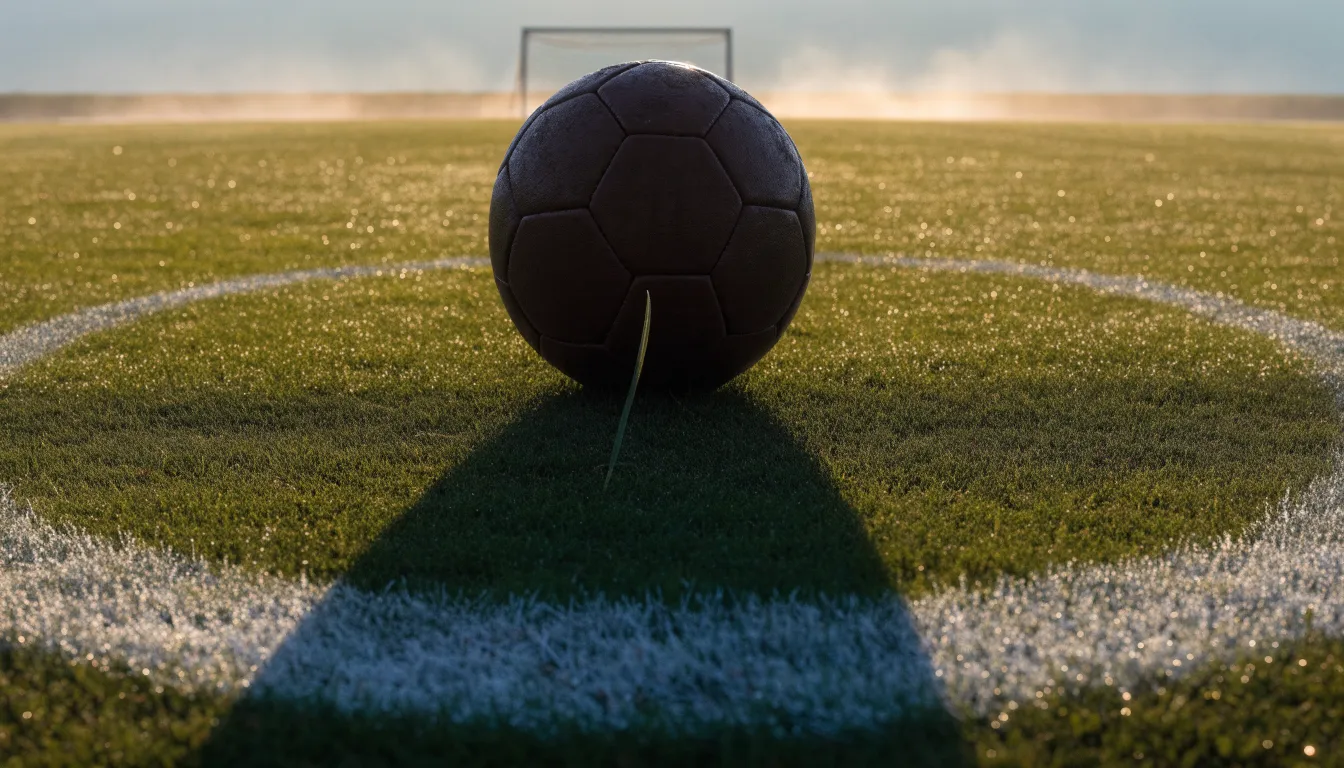 Ein Fußball auf dem Mittelkreis eines leeren Rasenplatzes im frühen Morgenlicht.