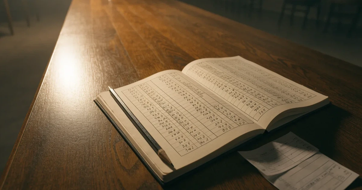Ein Notizbuch mit handschriftlichen Zahlenreihen und Kästchen liegt neben einem Taschenrechner und einem Bleistift auf einem Schreibtisch.