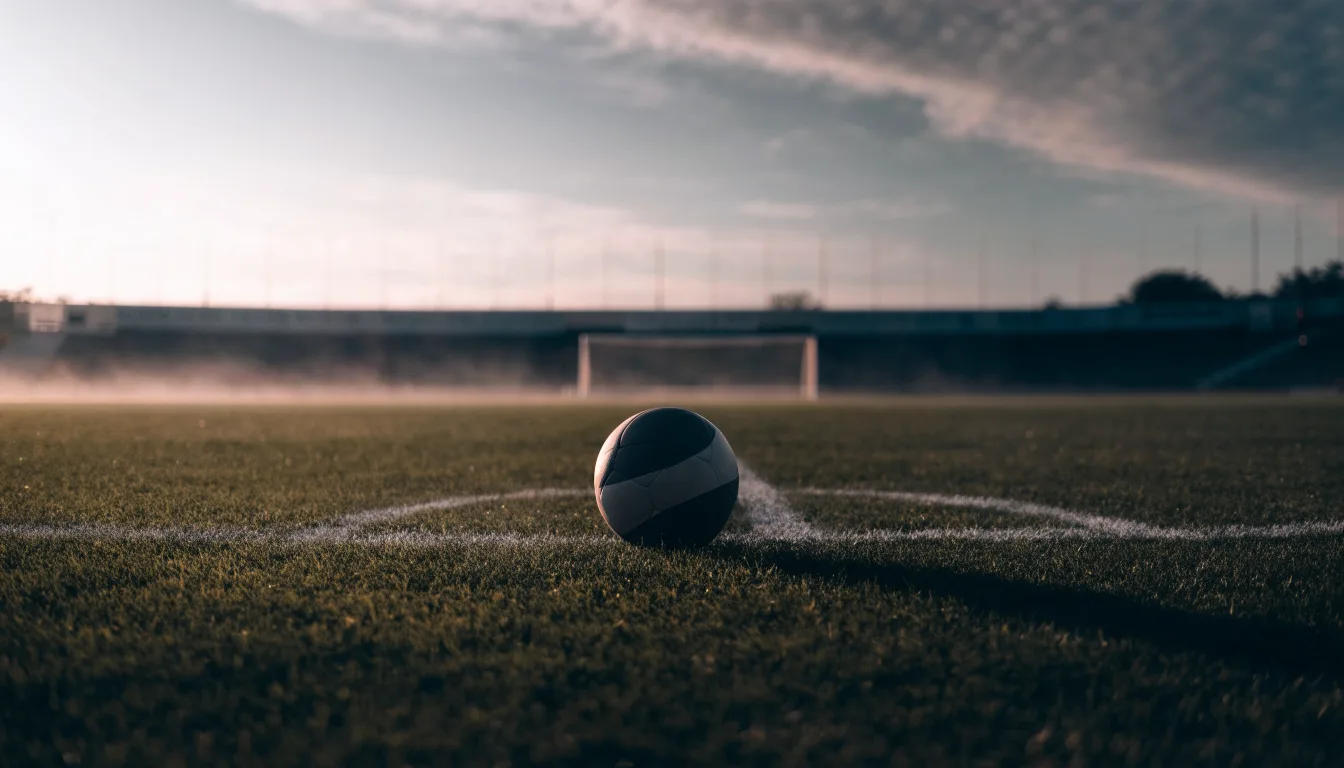 Ein Fußball liegt am Rand des Mittelkreises auf einem leeren Rasenplatz bei Sonnenaufgang.