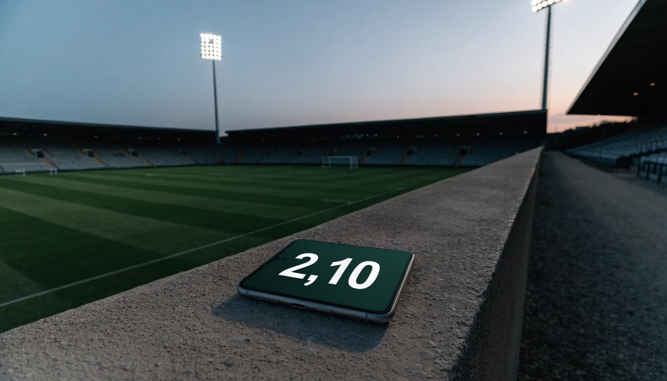 Ein Stadion unter Flutlicht, von einer Anhöhe aus gesehen, davor ein stiller Weg in der Dämmerung.