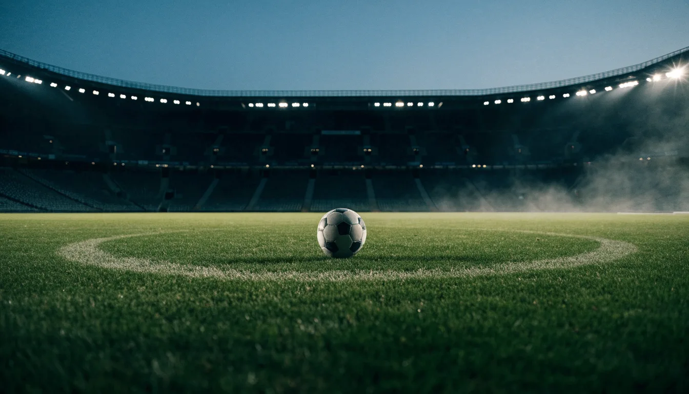 Ein Fußball liegt auf dem Anstoßpunkt eines leeren Rasenplatzes, im Hintergrund ein Stadion unter Flutlicht in der Abenddämmerung.
