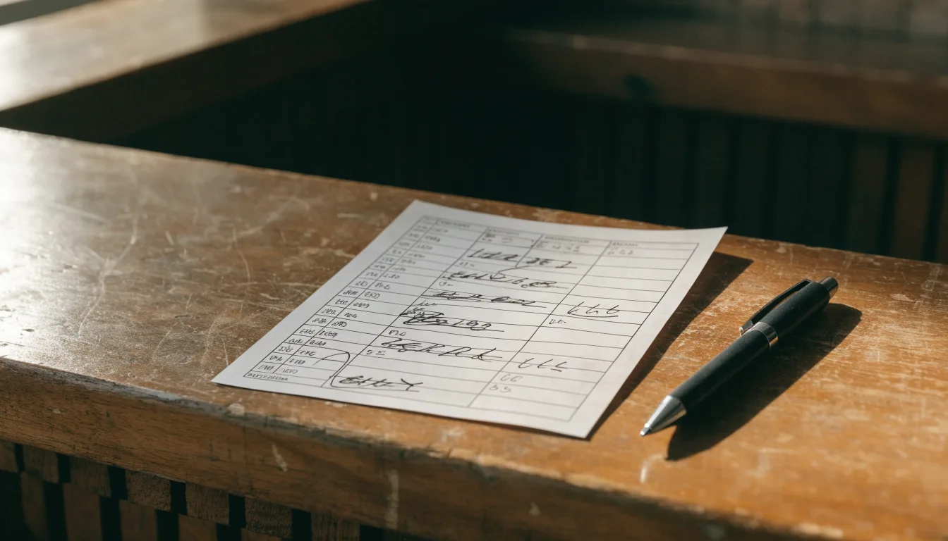 Ein leerer Wettschein aus Papier liegt neben einem Stift auf einer hölzernen Theke, weiches Licht fällt von der Seite ein.