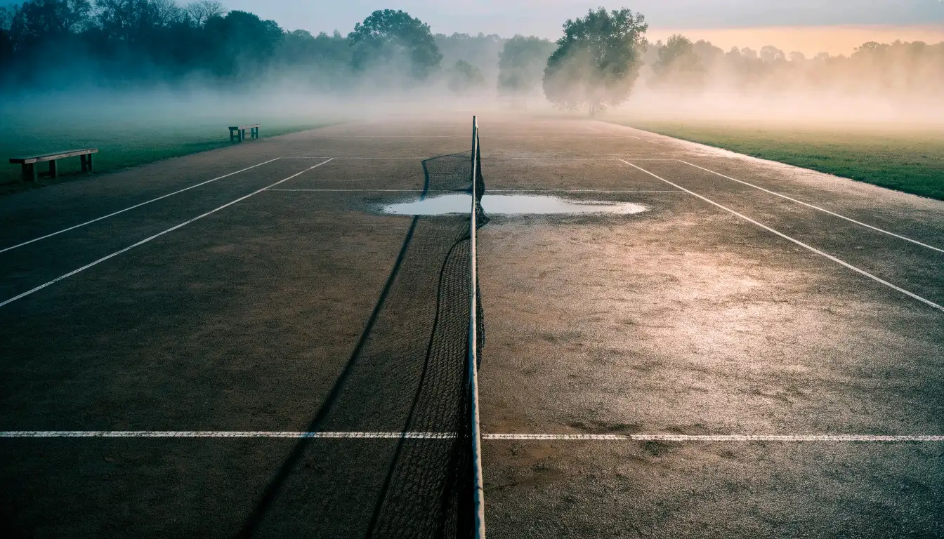 Ein Tennisplatz im Morgengrauen, das Netz und die Linien liegen im Tau, im Hintergrund leichter Nebel und kein Mensch zu sehen.