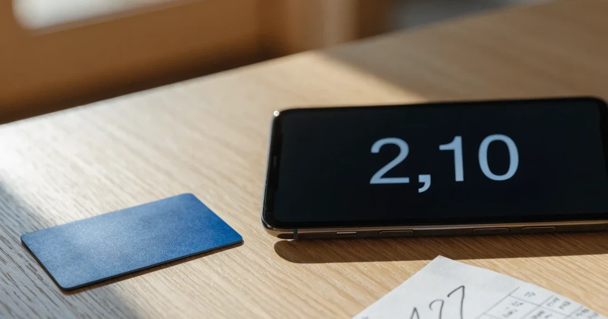 Ein Smartphone mit dunklem Display liegt neben einer schlichten Plastikkarte ohne Aufdruck auf einem hellen Schreibtisch.