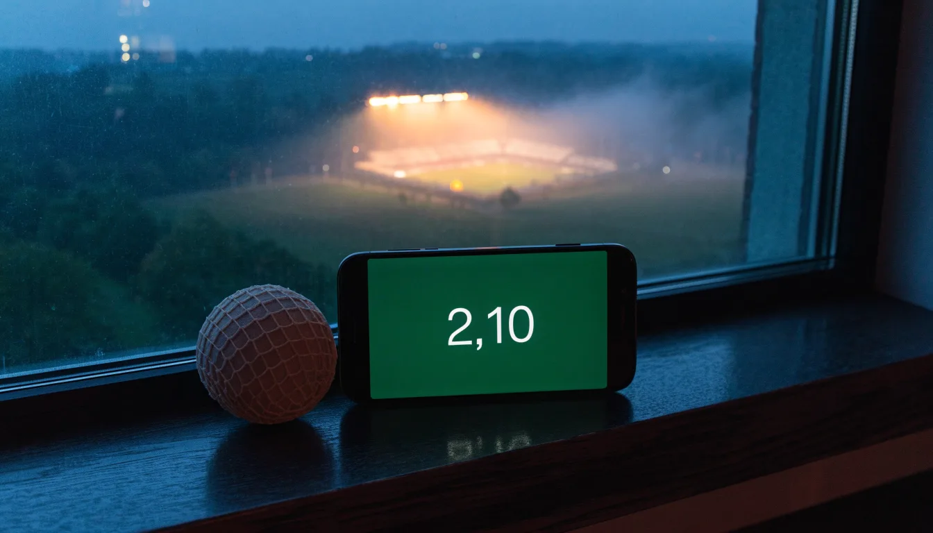 Ein Stadion unter Flutlicht, aus großer Entfernung über eine dunkle Wiese fotografiert, am Himmel zieht Nebel auf.