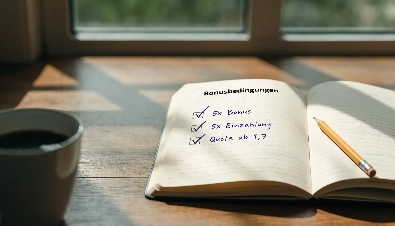 Ein Notizbuch mit handschriftlichen Notizen und ein Bleistift liegen auf einem Schreibtisch am Fenster, draußen fällt Morgenlicht herein.