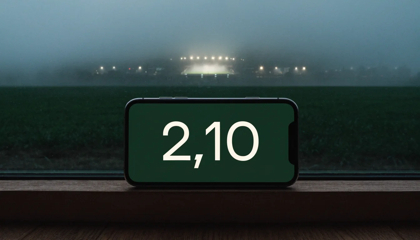 Ein Stadion unter Flutlicht, aus großer Entfernung über eine dunkle Wiese fotografiert, am Himmel zieht Nebel auf.