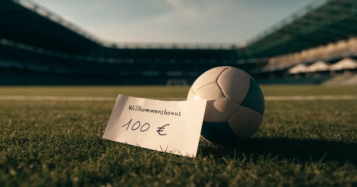 Ein verschlossener leerer Briefumschlag liegt neben einem Fußball auf grünem Rasen im warmen Licht des Nachmittags.