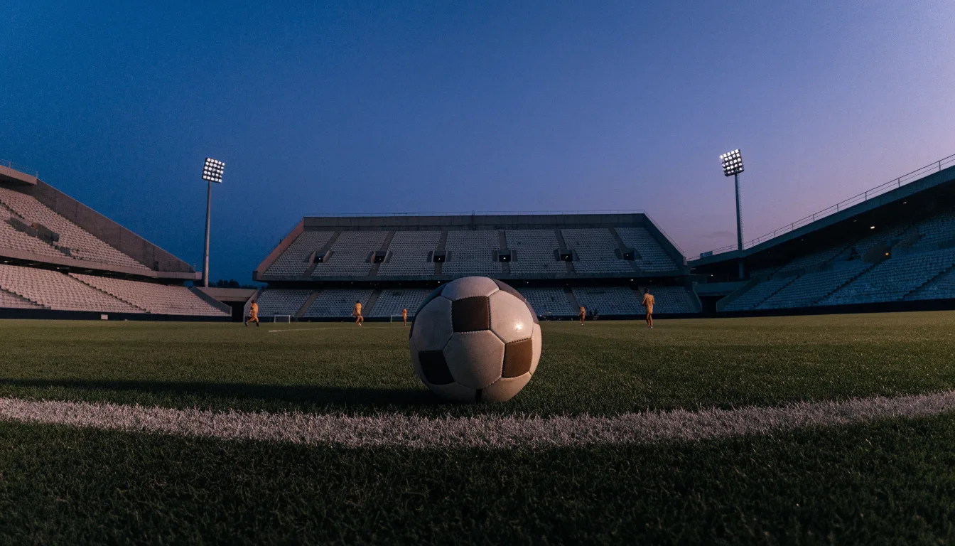 Ein Fußball liegt auf dem Anstoßpunkt eines leeren Rasenplatzes, im Hintergrund steht ein Stadion unter Flutlicht in der Dämmerung.