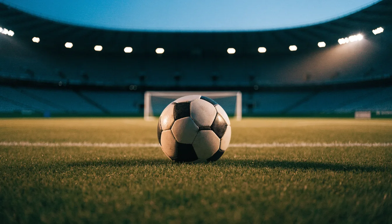 Ein Fußball liegt auf dem Rasen eines leeren Platzes, im Hintergrund ein Stadion unter Flutlicht in der Abenddämmerung.